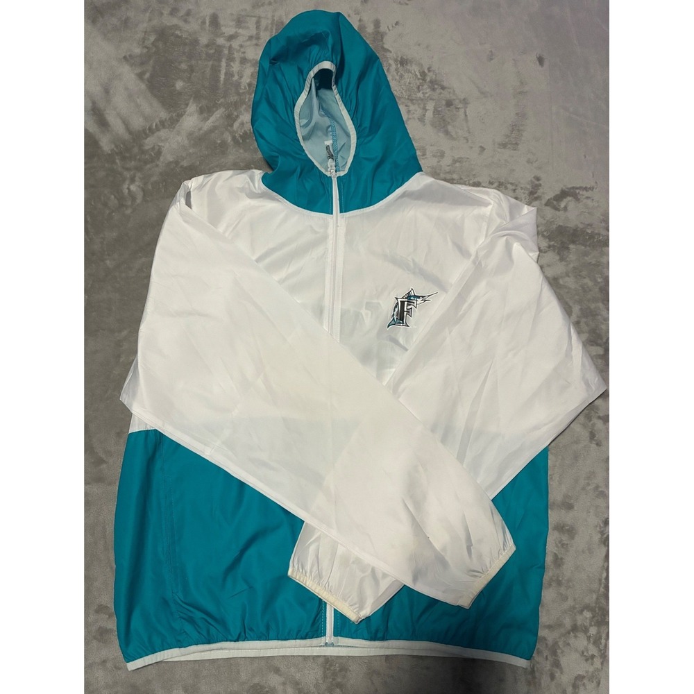 MLB Florida Marlins Windbreaker Jacket Teal White Full Zip Hooded Mens XL